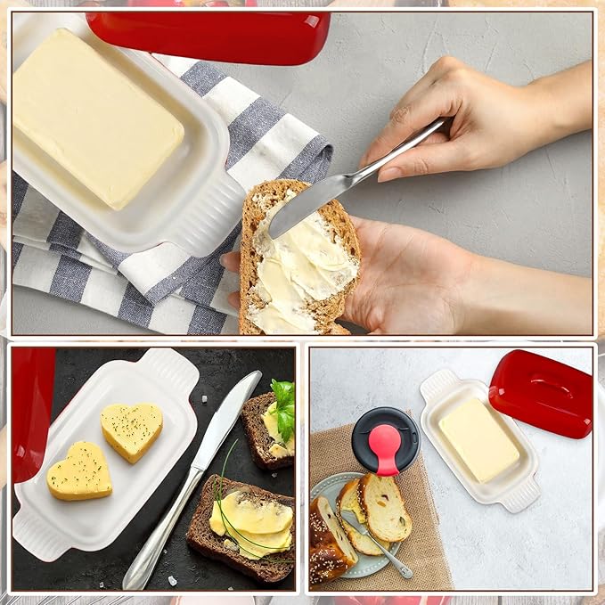 Qinyoung Ceramic Butter Dish with Lid for Countertop Extra Large Elegant Butter Dish Tray with Handle Durable Heavyweight Glazed Ceramic Kitchen Container Keeper Non-slip Base Minimalist(Red)