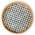 YANGQIHOME Round Rattan Tray with Handle, Mother of Pearl Inlay Decorative Wicker Basket for Coffee, Bread, Fruits, Serving Tray for Home Decor, Checkerboard