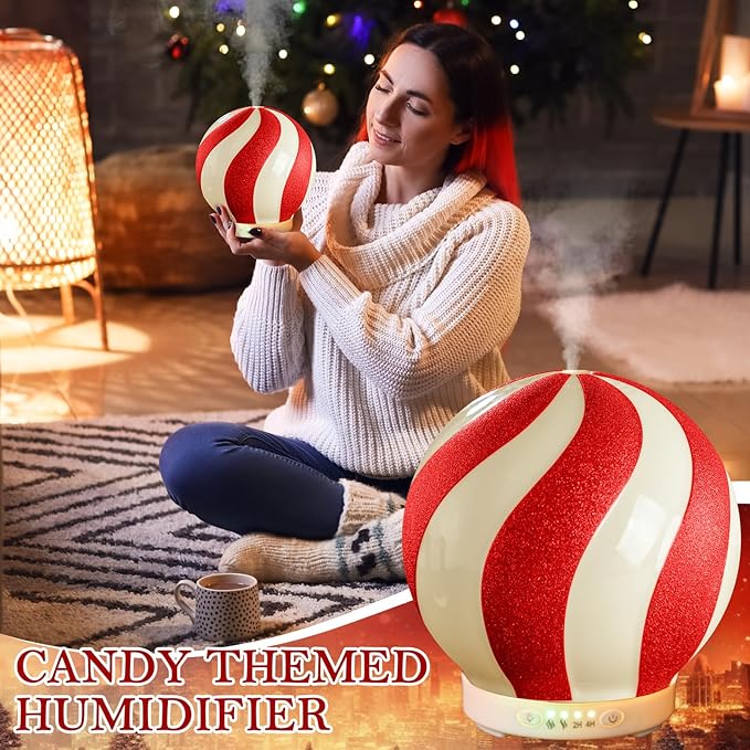 Christmas Essential Oil Diffuser Gift, 120ml Cute Ceramic Candy Cane Aromatherapy Humidifier, Holiday Xmas Home Table Decor, Peppermint Decoration for Home Office, Christmas Stocking Stuffer