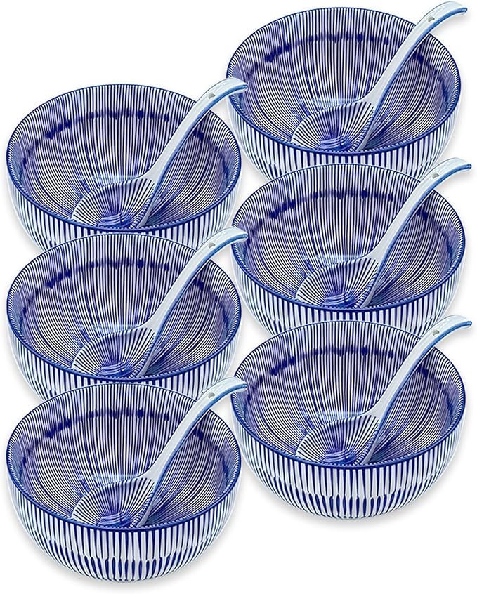 Japanese Ceramic Bowls Set of 6, 28 Oz Large Asian Porcelain Ramen Soup Salad Cereal Noodle Bowl with 6 Spoons, Deep Bowl for Kitchen Decor and Housewarming Gift, Dishwasher & Microwave Safe