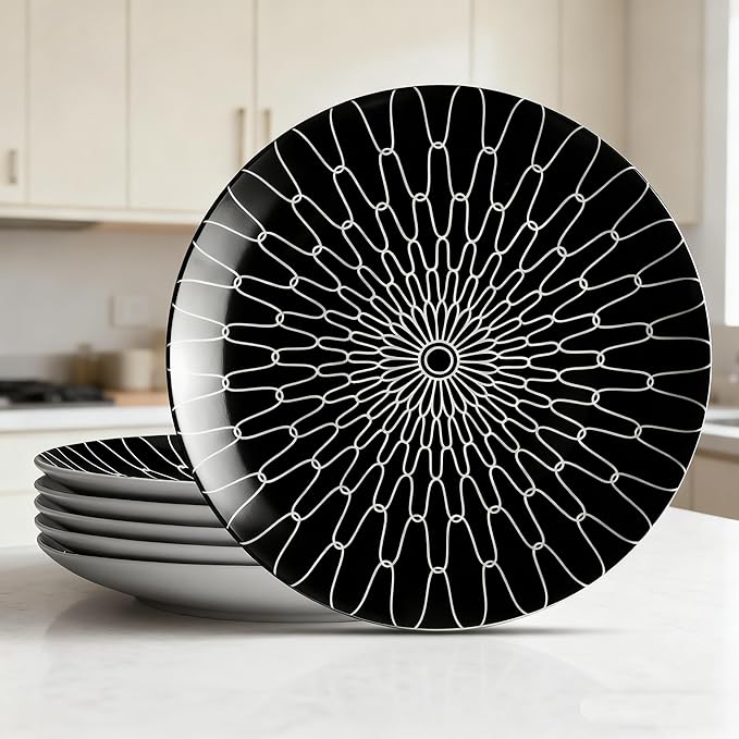 6-Inch Appetizer Plates Set of 6, Black and White Grid Ceramic Plates, Modern Checkerboard Appetizer/Dessert Plates, Microwave & Dishwasher Safe