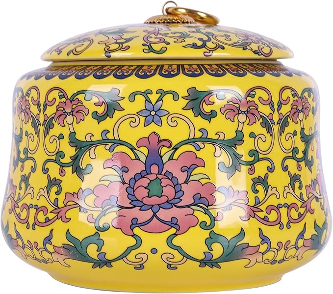 Handmade Chinoiserie Enamel Ginger Jar with Lid,Decorative Storage Jar for Loose Tea,Nuts & Snacks,Ceramic Vase Style Home Decor Canister,Colorful Jar for Kitchen,Living Room (Yellow Jar)
