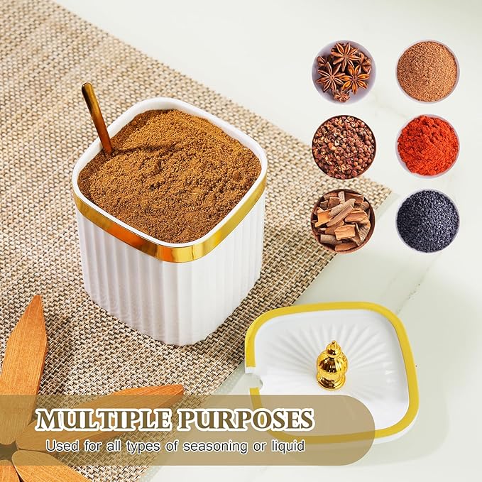 4 Pack Gold Condiment Spice Jars with Lids, Spoons, Tray - Plastic Seasoning Box Set for Salt, Pepper, Sugar - Kitchen Storage