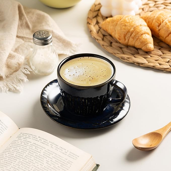 Ceramic Latte Cup with Saucer, 7 oz, Coffee Mug, Espresso Cups for Cappuccino, Milk Tea and Mocha, Dishwasher and Microwave Safe (blue)