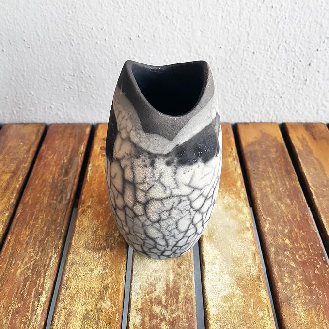 RAAQUU Koi Raku Ceramic Pottery Vase - Handmade Kitchen / Living Table Centerpiece Home Décor / Unique Gift for Her, Mom in Smoked Raku (KOII-SR)