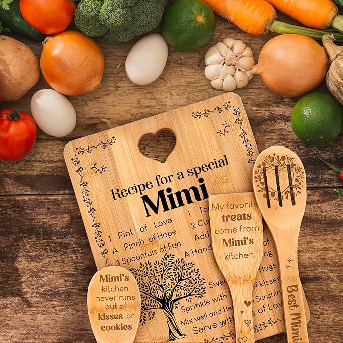 Mimi Gifts - "Recipe for a Special Mimi" Gift for Mimi Cutting Board Set, Bamboo-Made Engraved Utensil Set Best Mimi Ever Presents Cutting Board, Mimi Present for Grandma.