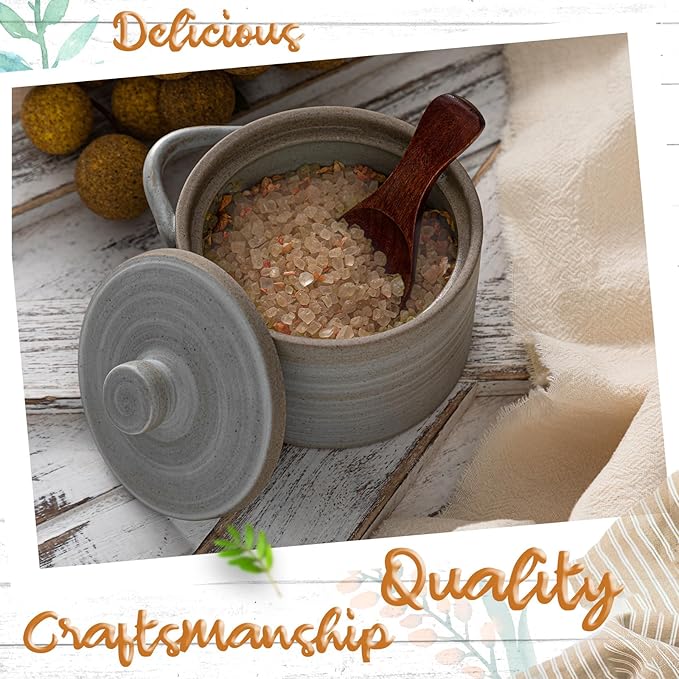 Honeydak Speckled Ceramic Salt Cellar with Lid and Wooden Spoon, Rustic Farmhouse Salt Pepper Cellar Holder for Valentines Day,Housewarming Gift, Heavyweight Spices Jar(Threaded Gray,1 Set)