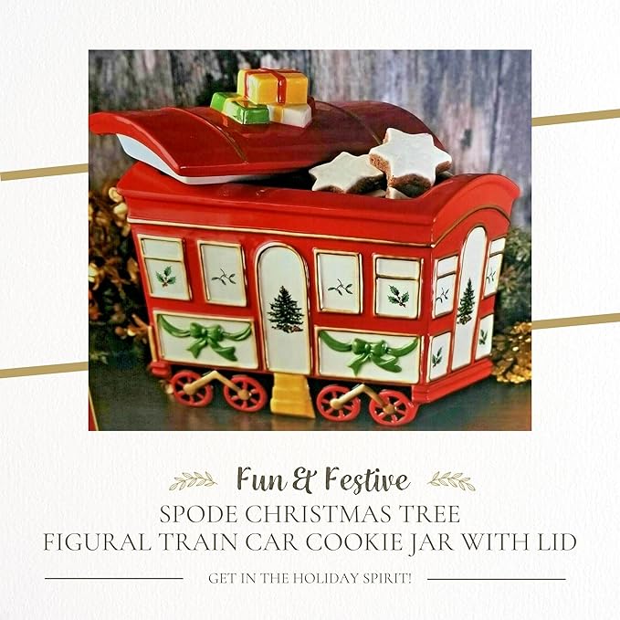Spode Christmas Tree Cookie Jar with Lid, 8.5" Ceramic Holiday Train Car Dish for Cookies, Candy, Nuts - Festive Christmas Home Decor & Holiday Treats Jar - Great for Collectors