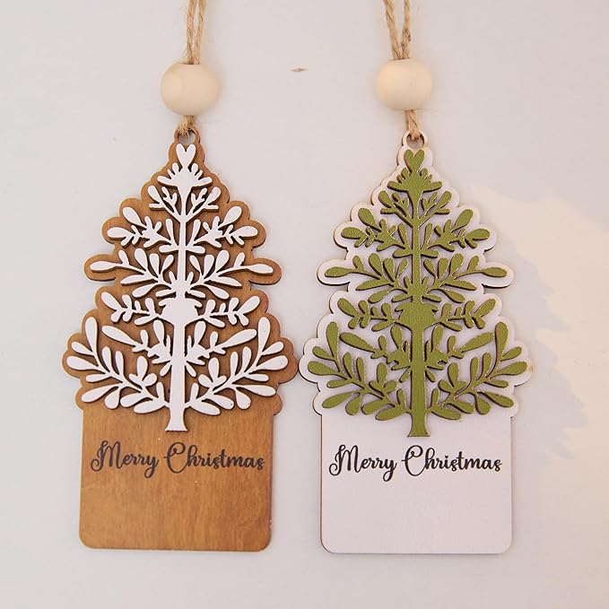 NGHYANA Merry Christmas 3D Wooden Tree Ornaments Set for Holiday Decor 4 Inch Rustic Hanging Decorations
