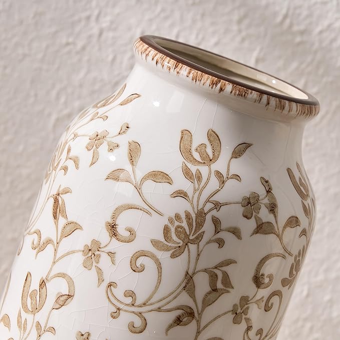 SIDUCAL Ceramic Vintage Vase, 8.78 Inch Chinoiserie Floral Vase, Retro Ice Cracked Rustic Farmhouse Vases for Home Decor, Living Room, Bookshelf, Office, Tuscan Decor, Brown Floral Pattern