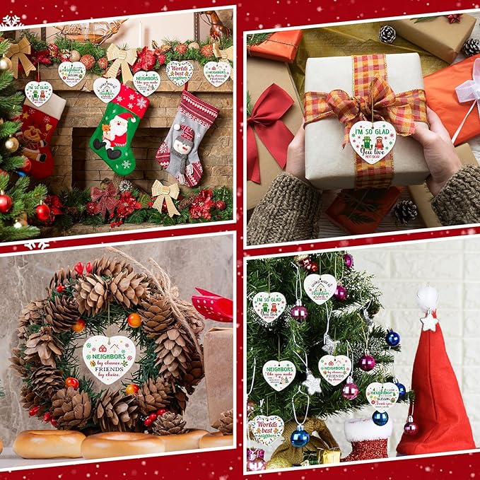 12 Set Neighbor Gifts Ceramic Christmas Best Neighbor Ornament Gift with Rope Xmas Tree Decorations Heart-Shaped Hanging Housewarming Gift for Neighbors Appreciation