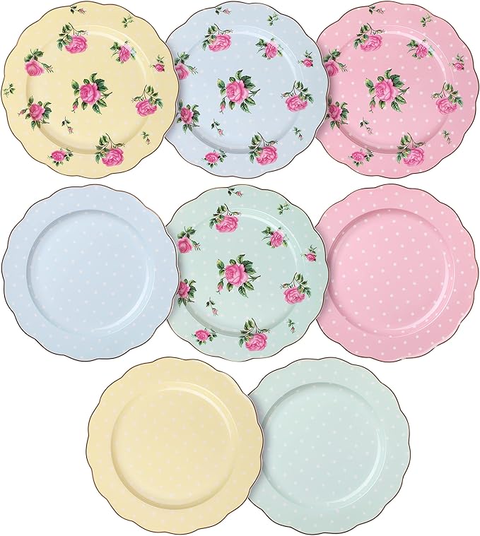 BTaT- Porcelain Floral Plates Set of 8, 8 Inch, Assorted Pastel Colors with Golden Rim, Floral Dessert Plates, Spring Dinnerware, Dishwasher & Freezer Safe