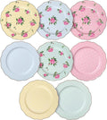 BTaT- Porcelain Floral Plates Set of 8, 8 Inch, Assorted Pastel Colors with Golden Rim, Floral Dessert Plates, Spring Dinnerware, Dishwasher & Freezer Safe