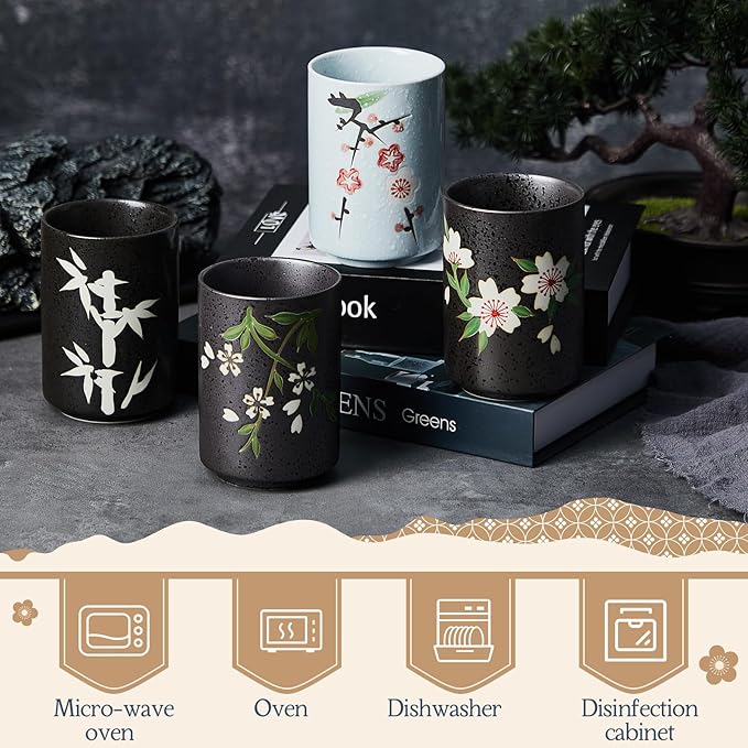 Qinyoung 4 Pcs Japanese Tea Cups 10 oz Ceramic Christmas Japanese Gifts Chinese Restaurant Sakura Teacups No Handles Japan Mug Souvenirs for Tea Latte Coffee Juice