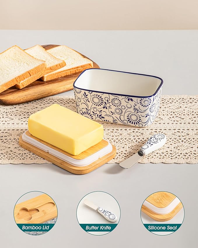 vancasso SELENE Butter Dish with Lid, 6.5" Large Butter Dish for Countertop, Ceramic Butter Keeper Container with Knife and Bamboo Lid, Floral Bloom Pattern