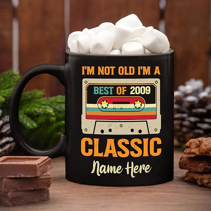 PREZZY I'm Not Old I'm a Classic Best of 2009 14th Birthday Gifts Vintage Cassette Tapes Collection Coffee Mug 14 Year Old Birthday Decorations for Men Women Dad Mom Personalized Mug 11oz 15oz Black