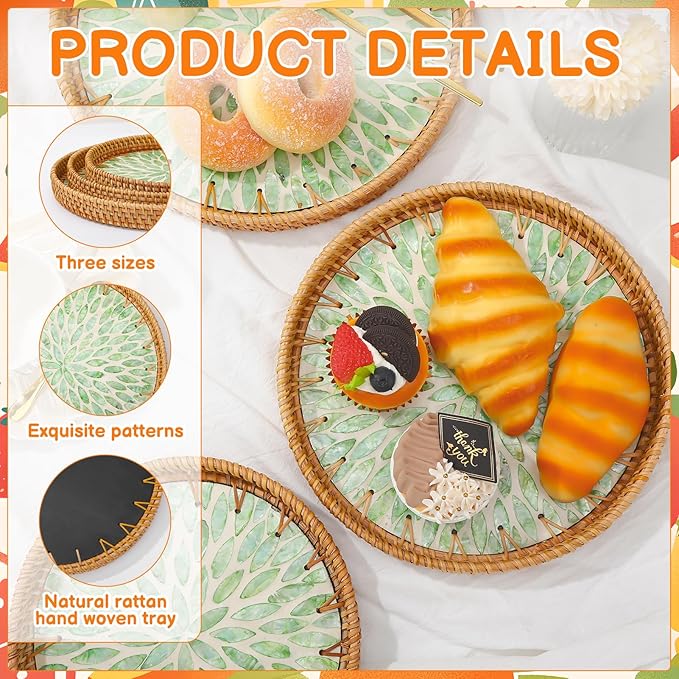 3 Pack Round Rattan Tray with Mother of Pearl Inlay, Decorative Boho Woven Basket Trays for Breakfast Tea Snack Fruit Coffee