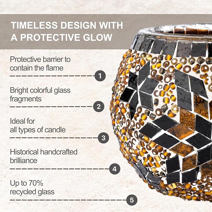 KAFTHAN Mosaic Glass Large Single Candle Holder - Round Bowl, Plant Pot, Votive Candle Holder - Decorative Vase & Unique Table Centerpiece for Wedding, Ball & Home - (3.7" x 3.5", Ecru Star)