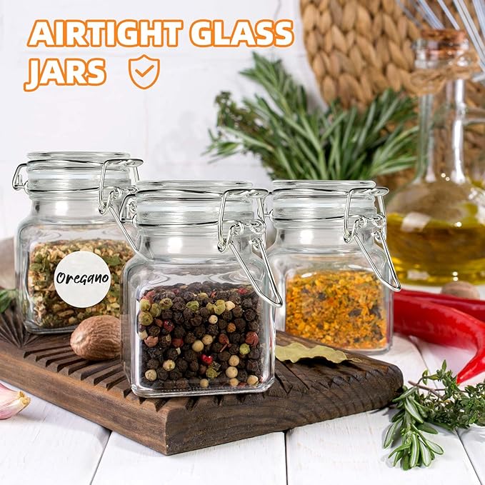 SKOCHE Spice Jars 20 Pack Small 4 oz Glass Jars with Airtight Hinged Lids, Spice Herb Jars with Labels and Silicone Funnels, 4oz Glass Jars with Lids Ideal for Spice Herbs