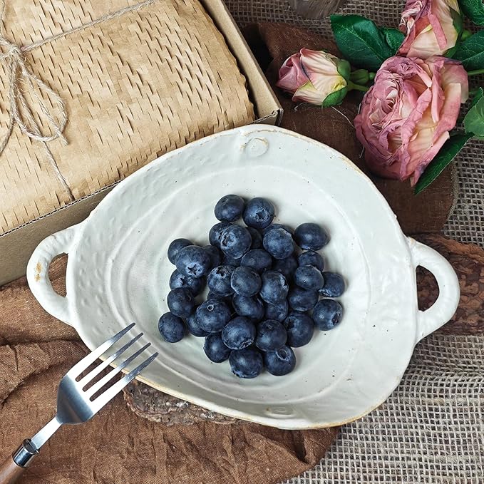 Retro Free-Form Edge Decorative Bowl Ceramic Fruit Bowl with Handle，Matte Farmhouse Cutlery Serving Bowls,Salad Bowl,Table Centerpiece Decor，Housewife/Handmade Gift Box