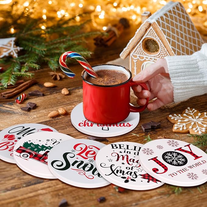 6 Pcs Ceramic Christmas Coasters with Holder Best Absorbent Drink Coasters Set Cute Xmas Holiday Coaster Set Coffee Table Decor Funny Christmas Decoration Housewarming Gift Festive Cup Coasters