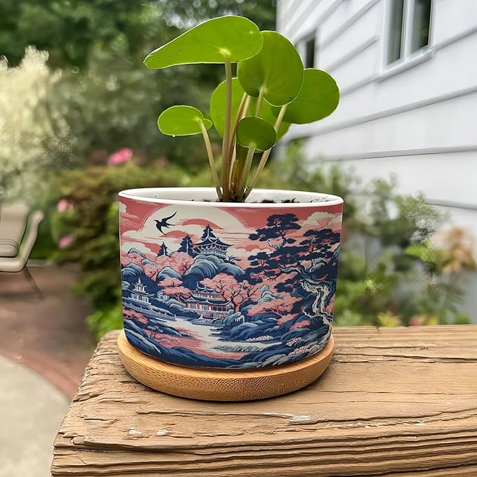 Pink Blue Chinoiserie Ceramic Planter Coral Chinoiserie Chic Asian Planters for Indoor Plants with Drainage Holes and Saucers Pot for Home Office Decoration