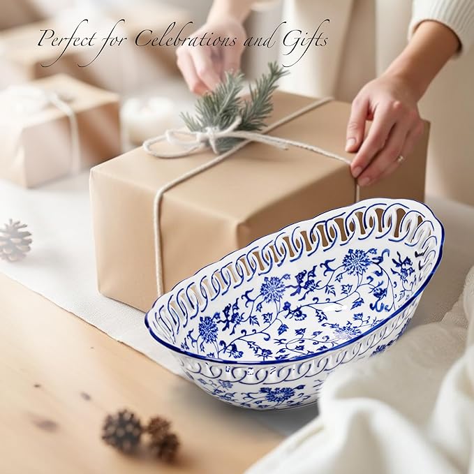 12" Extra Large Blue and White Porcelain Fruit Bowl for Kitchen Counter or Home Decor, Fruit & Vegetable Holder, Large Ceramic Fruit Bowl for Home Decorative Centerpiece