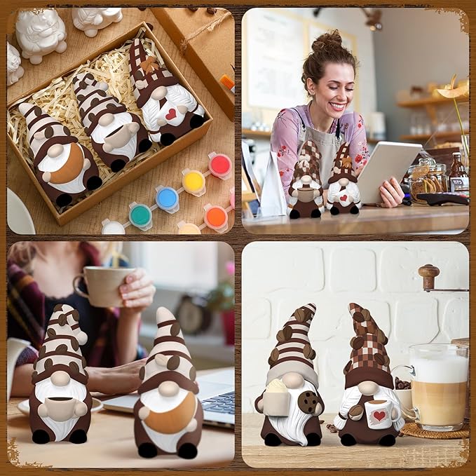 Eersida 6 Sets Gnome Ceramics to Paint Pumpkin Ready to Paint Your Own Ceramic Gnome Statues DIY Unpainted Ceramics Paintable Figurines Kit Crafts with Brush Palette(Coffee)