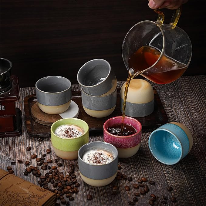 VanEnjoy Espresso Cups Set of 4 Stackable Coffee Mugs Colorful Unique Ceramic Glazed Demitasse Espresso Cups 4 Colors Ceramic Espresso Mugs 5oz Espresso Cups for Tea Coffee