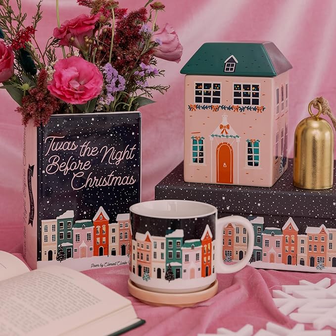 Steel Mill & Co Book Lovers Mug with Coaster/Lid, Cute Coffee/Tea Ceramic Mug with Handle for Book Club, Reading Themed Coffee Cup, Holiday Village