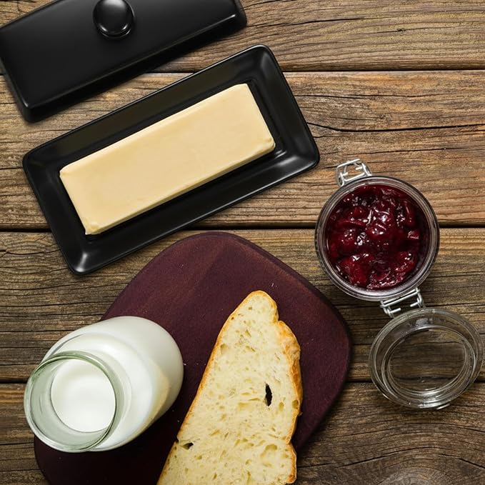 WERTIOO Butter Dish with Lid, Ceramic Butter Dish with Lid for Countertop for 1 Stick. Textured Tray with Stainless Steel 3 in 1 Butter Spreader, Microwave and Dishwasher Safe, Black