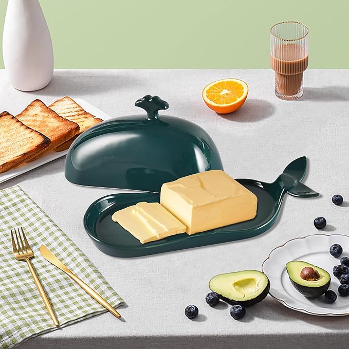 Porcelain Butter Dish for Countertop, Cute Whale Design, Ceramic Butter Dish with Handle, Funny Butter Storage Container, Ideal Gifts for Housewarming, Green