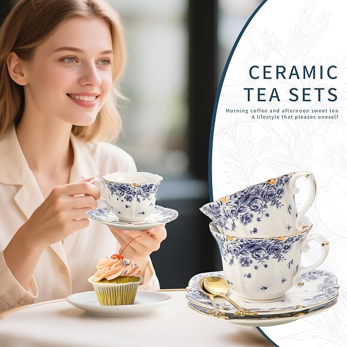 TATSUMI Country Roses Bone China Tea Cup and Saucer Set, 6 Pieces, Vintage Style, For Women and Tea Parties（sky blue，2 sets）