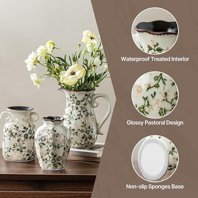 Ceramic Vases Set of 3, Green & Beige Chinoiserie Flower Pitcher Vase, Farmhouse Vintage Floral Vase Home Decor for Mantle, Fireplace, Kitchen Counter, Living Room Bookshelf Rustic Table Centerpiece