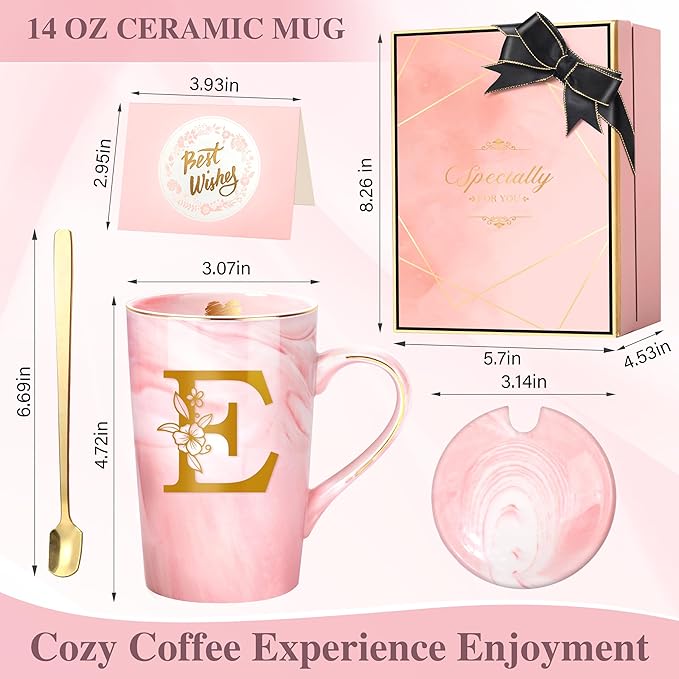 Birthday Gifts for Women, Personalized Ceramic Women Coffee Mug with Lid,14 Oz Pink Initial Mug Customized Gift, Christmas New Moms Mother's Day Gifts for Her Mom Grandma Friend Sister Wife Unique,E