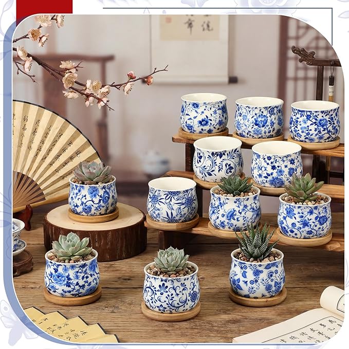 12 Pcs 3" Ceramic Chinoiserie Succulent Plant Pot Blue and White Porcelain Planter with Bamboo Tray Drainage Hole Mini Chinese Flower Jardiniere for Cactus Herbs Home Office Indoor Decor