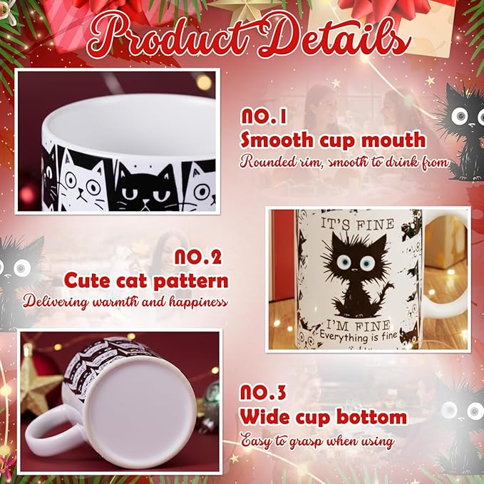 Sliner 2 Set I'm Fine Everything Is Fine Cat Mugs Black Cat Funny Coffee Cups Gifts 11 oz Ceramic Cute Tea Cup Holiday Birthday Gifts for Men Women Colleague Coworker