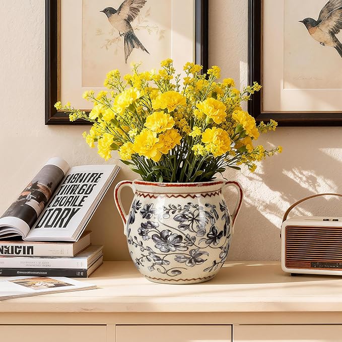 BUYMAX Ceramic Plant Pots for Indoor Plants with Drainage Hole, Vintage Crackle Glaze Hand-Painted Gray Flower Planter with Handles, Small Decorative Hanging Planter