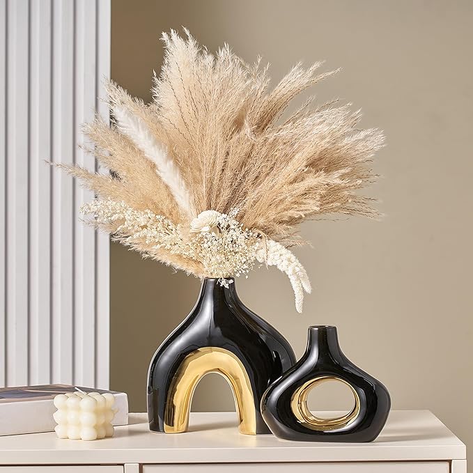 Modern Ceramic Donut Vase: Set of 2 -Minimalist Nordic Black and Gold Hollow Vase Home Decor for Kitchen Dining Table Centerpieces Living Room Bederoom Entryway Weddin