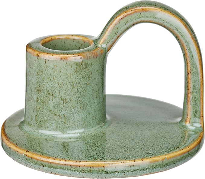 Ceramic Taper Candle Holders with Handle (Set of 2) – Tall Candlestick Holders for Table Decor Centerpieces, Rustic Home Décor, and Dinner Table Styling Avocado Green