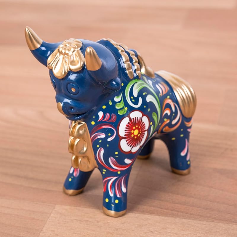 Blue Figurine Pucara Bull 4.7"H, Ceramic Bull Pucara Figurine, Peru Folk art, Pottery Sculpture Bull, sculpture made of clay, Unique Gift