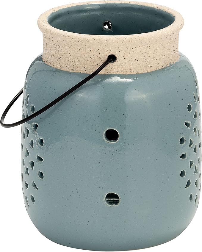 Sagebrook Home Ceramic Hurricane Lantern with Cutout Design - Stoneware Decorative Candle Holder for Home, Office & Living Room - Rustic Garden Accent - 6" Blue