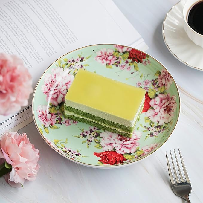 BTaT- Porcelain Floral Dessert Plates, 8 inch, Set of 6, Deep Plates, Porcelain Bone China, Appetizer Plates, Small Dishes