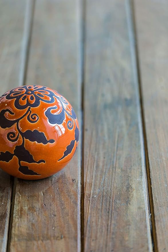 A&B Home Decorative Orbs - Table Centerpieces Set of 6 Ceramic Sphere Ball with Flat Side Orange Pattern, 4 inch