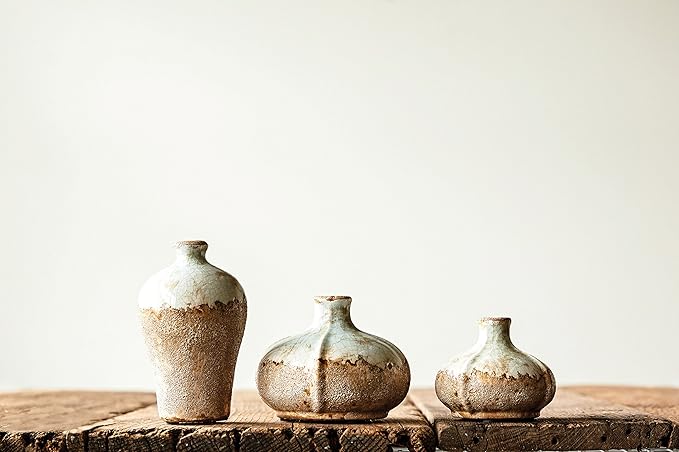 Creative Co-Op Brown & White Terracotta Vases with Distressed Finish (Set of 3 Sizes)