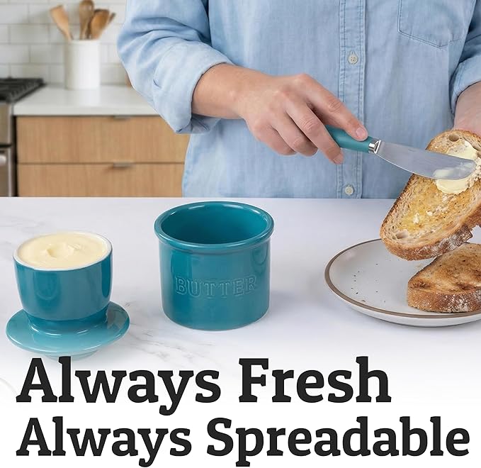 PriorityChef Butter Crock with Lid with Water Line,Ceramic French Butter Dish to Leave On Counter, Teal Blue