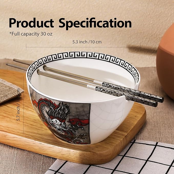 Hagary Dragon Ramen Bowl with Chopsticks Ceramic Bowl Stainless Steel Chopsticks Japanese Style Soup Bowls Housewarming Wedding Gifts Designed in Korea (With Chopsticks) (Black, 30 oz - 1pc)