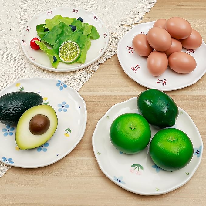 Koythin Ceramic Dessert Plates, Cute Fruits Dinner Plate, Creative Plates Design, Printed Flowers Dinnerware for Office and Home, Kitchen Plates for Desserts (Yellow Tulip Blue Flowers)