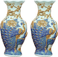 HERITAGE T&T Peach Flower Altar Vase Pair – Bat Trang Handmade Ceramic – Buddhist Altar Flower Vase Set – Traditional Asian Home Decor – 1 Pair (2 Vases) - Blue & Yellow Glaze - 30 cm (11.8 in)