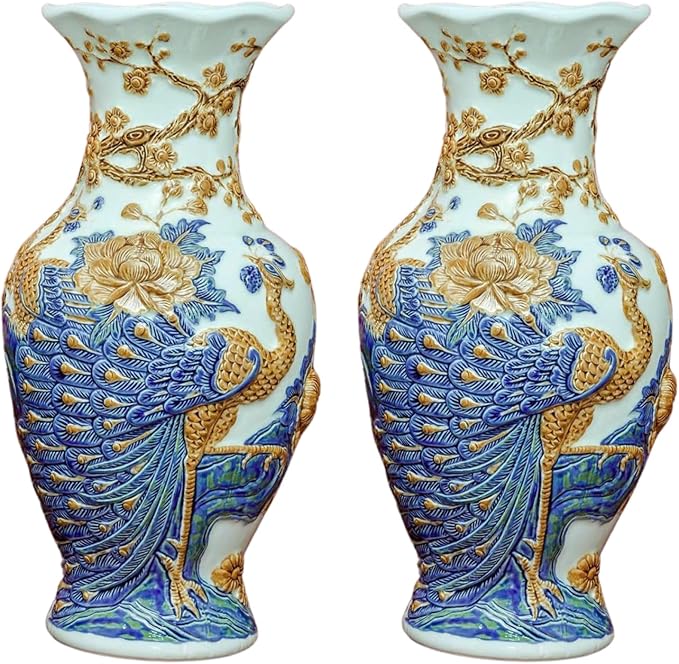 HERITAGE T&T Peach Flower Altar Vase Pair – Bat Trang Handmade Ceramic – Buddhist Altar Flower Vase Set – Traditional Asian Home Decor – 1 Pair (2 Vases) - Blue & Yellow Glaze - 30 cm (11.8 in)